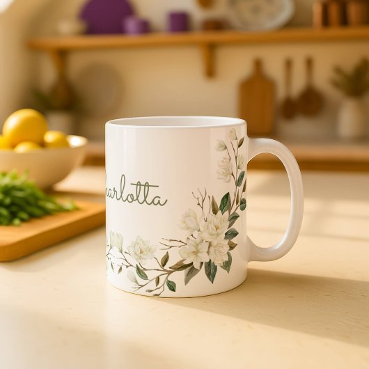 Tasse personnalisée à fleurs blanches élégantes av