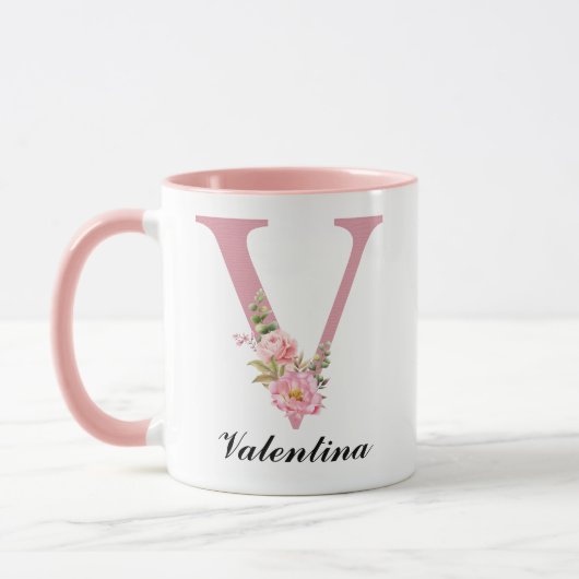 Tasse personnalisée avec initiale de nom en fleurs (Gauche)