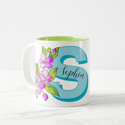 Tasse personnalisée avec monogramme + nom (style : (Devant gauche)