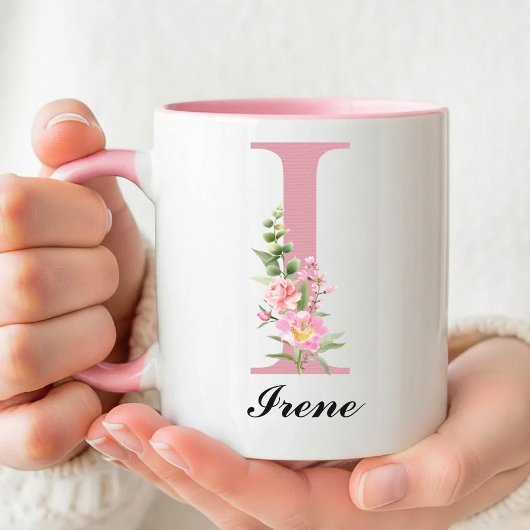 Tasse personnalisée avec nom et fleurs roses, cade