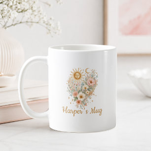 Tasse personnalisée Boho Floral Cœur Soleil Lune