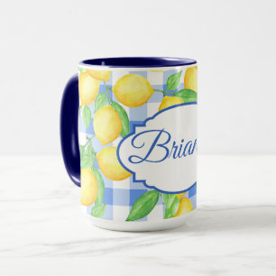 Tasse personnalisée Cottagecore Gingham Bleu Citro