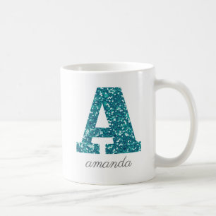 Tasse personnalisée Monogramme Pailleté Sarcelle A
