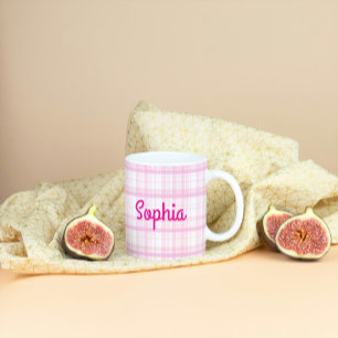 Tasse personnalisée rose à carreaux avec nom
