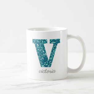 Tasse personnalisée V Monogramme Paillettes Turquo