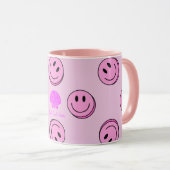 Tasse rose à visage heureux avec poignée rose (Devant droit)