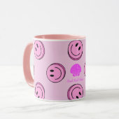 Tasse rose à visage heureux avec poignée rose (Devant gauche)