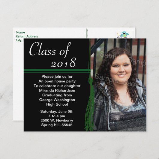 Tassel Green & Black Graduation Party Faire-part (Devant / Derrière)