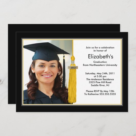 Tassel Photo Afstuderen Invitation Black & Gold Kaart (Voorkant / Achterkant)