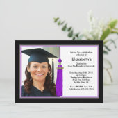 Tassel Photo Afstuderen Invitation Black & Paars Kaart (Staand voorkant)