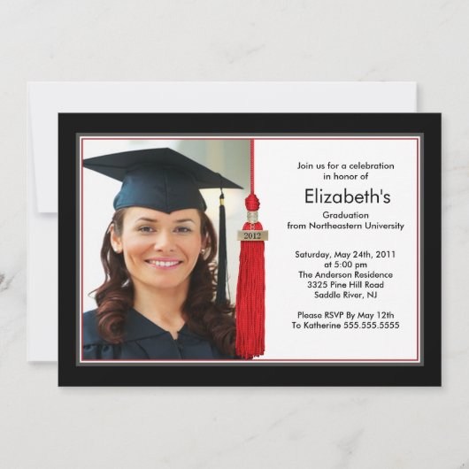 Tassel Photo Afstuderen Invitation Black & Red Kaart (Voorkant)