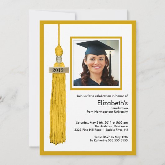 Tassel Photo Afstuderen Invitation Gold & White Kaart (Voorkant)