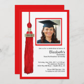 Tassel Photo Afstuderen Invitation Red & White Kaart (Voorkant / Achterkant)