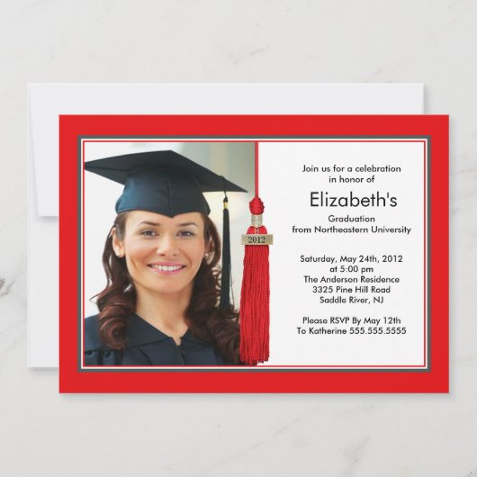 Tassel Photo Afstuderen Invitation Red & White Kaart (Voorkant)