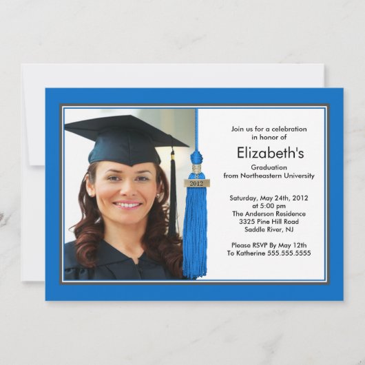 Tassel Photo Graduation Invitation Bleu & Blanc (Devant)