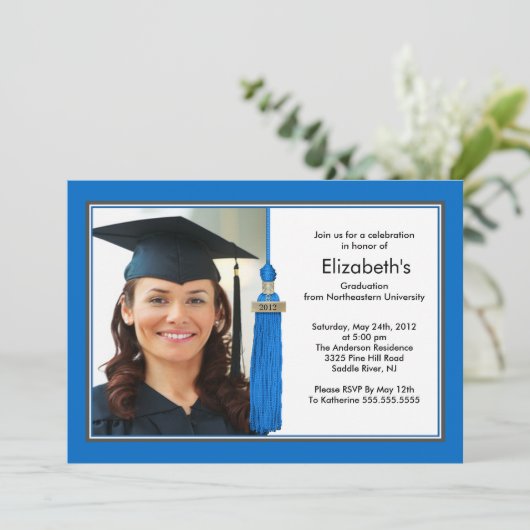 Tassel Photo Graduation Invitation Bleu & Blanc (Debout devant)