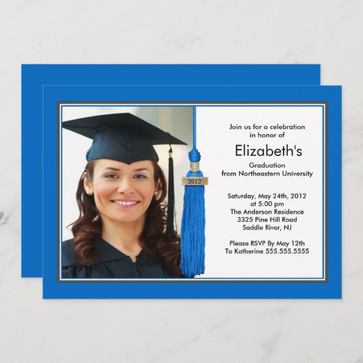 Tassel Photo Graduation Invitation Bleu & Blanc (Devant / Derrière)