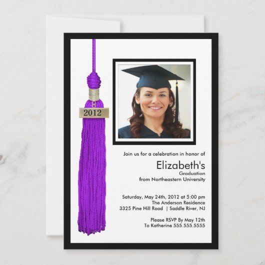 Tassel Photo Graduation Invitation Purple & White (Devant)