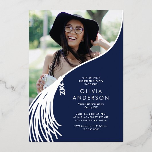 Tassel Photo Navy Silver Graduation Party Folie Uitnodiging (Voorkant)