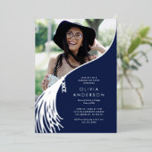Tassel Photo Navy Silver Graduation Party Folie Uitnodiging (Staand Voorkant)
