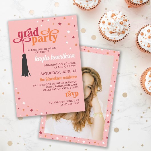 Tassel & Stars Roze Retro Script Afstudeerder Part Kaart