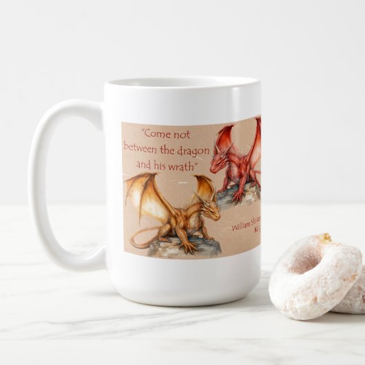 Tasses avec dragons et citation de King Lear rouge (Avec donut)