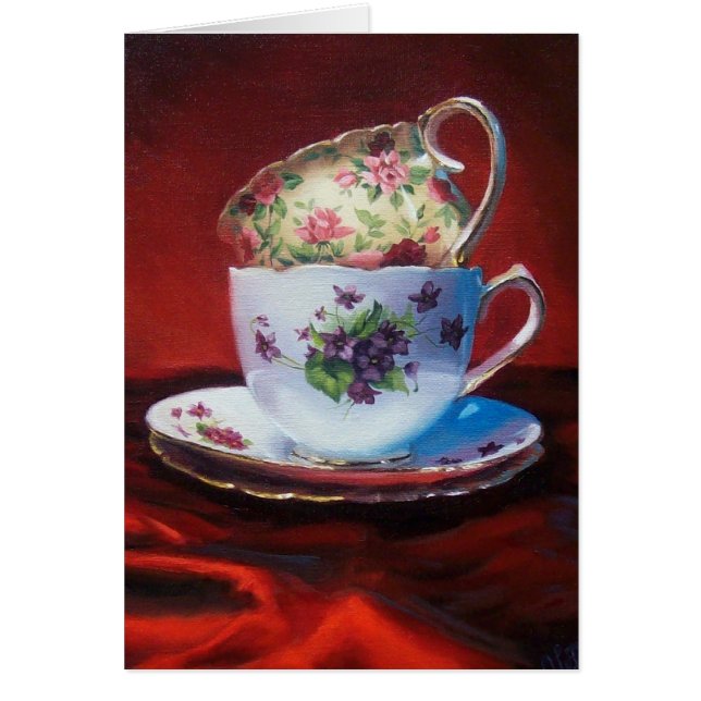 Tasses de thé et satin rouge (Devant)