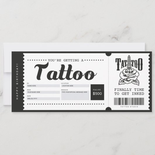 Tatoeage Cadeaubon Ticket Certificaat Kaart (Voorkant)