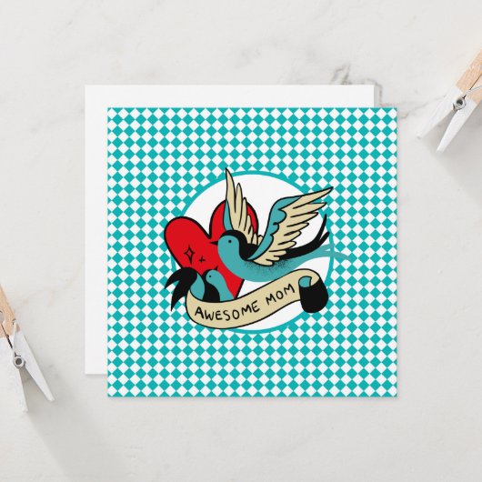 Tatoeage met Awesome Mom en Harlekijn Moederdag Kaart (Voorkant / Achterkant in situ)