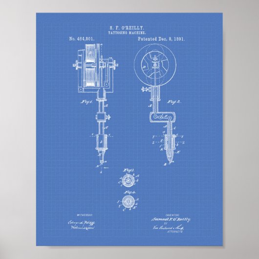 Tatoeagemachine 1891 Patent Art Blueprint Poster (Voorkant)