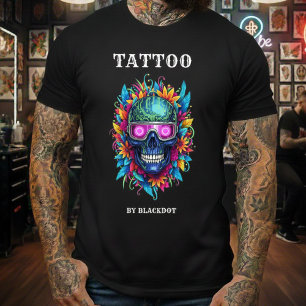 Tatoeëerder Schedel Zonnebril Bloem Tattoo Studio T-shirt