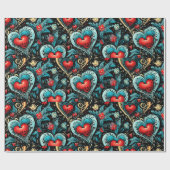 Tattoo Blue Red Hearts Theme Cadeaupapier (Vlak)