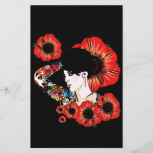 Tattoo inkt meisje onder papaverbloemen Kunst met  Briefpapier