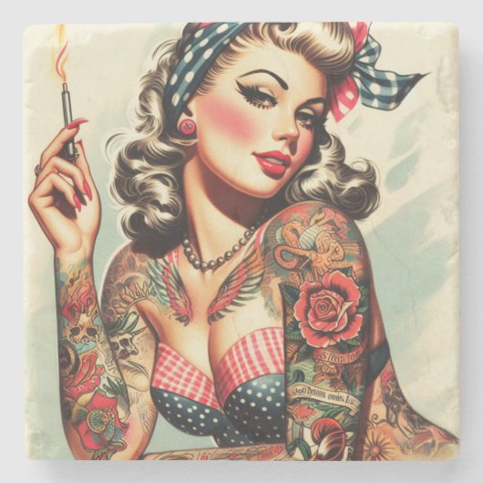  Tattoo Old School Pin-up Stenen Onderzetter (Voorkant)