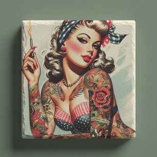 Tattoo Old School Pin-up Stenen Onderzetter