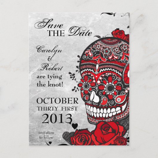 Tattoo Rozen en Sugar Skull Bewaar de datum Aankondigingskaart (Voorkant)