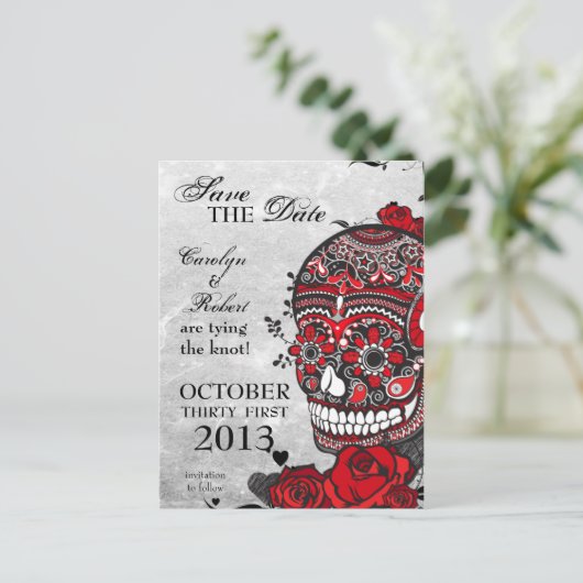 Tattoo Rozen en Sugar Skull Bewaar de datum Aankondigingskaart (Staand voorkant)