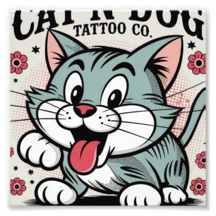 Tattoo-stijl kattenillustratie Foto Afdruk