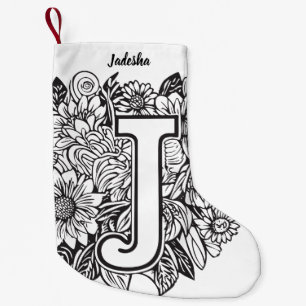 Tattoo-stijl zwart-wit monogram inktbloemen kleine kerstsok