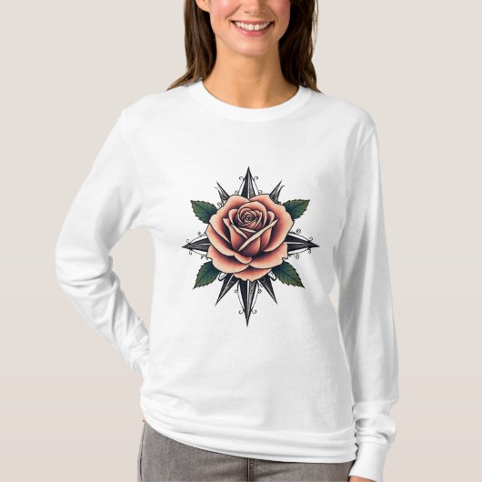 Tattoo Style Rose Compass T-Shirt Design (Devant)