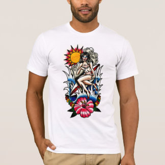 Tattoo Surfer Pin-up Girl met Hibiscus Flower T-shirt