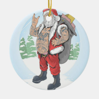 TATTOOED SANTA CLAUS VOERT EEN GIFT BAG KERAMISCH ORNAMENT