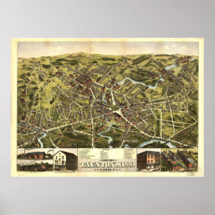 Taunton Massachusetts 1875 Antiek Panorama Poster