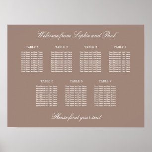 Taupe 7 Tafel Bruiloft Zitplaatskaart Poster