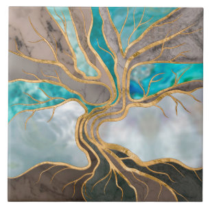 Taupe and teal Marble Tree of life Tegeltje