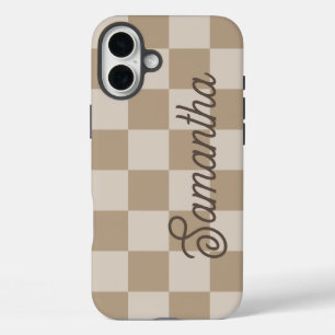 Taupe Beige Checkers Script Naam iPhone 16 Plus Hoesje