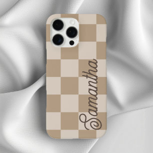 Taupe Beige Checkers Script Naam iPhone 16 Pro Max Hoesje