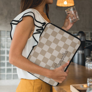 Taupe Beige Checkers Script Naam Laptop Sleeve