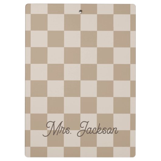 Taupe Beige Checkers Script Name Personalized Klembord (Achterkant)