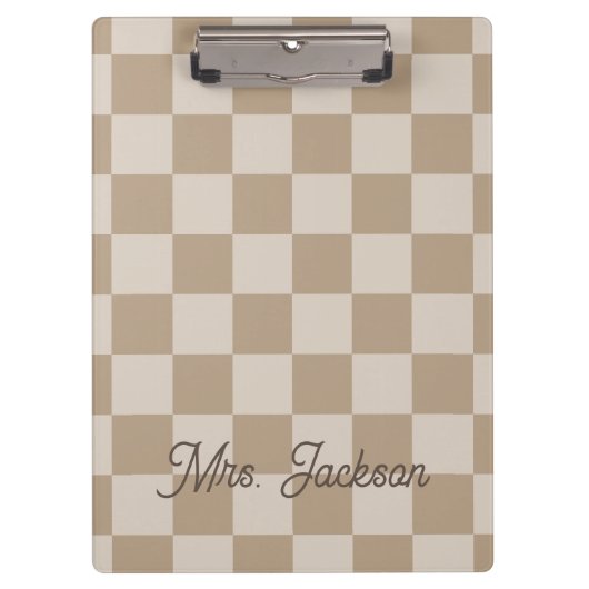 Taupe Beige Checkers Script Name Personalized Klembord (Voorkant)